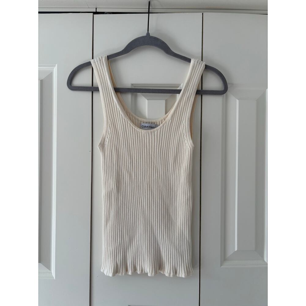 Calvin Klein Ribbed Knit Tank Top Ivory Sleeveless Stretch Women’s Medium M - Picture 2 of 6